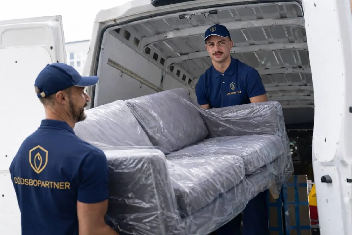 Personal från Dödsbopartner lastar möbler i flyttbil